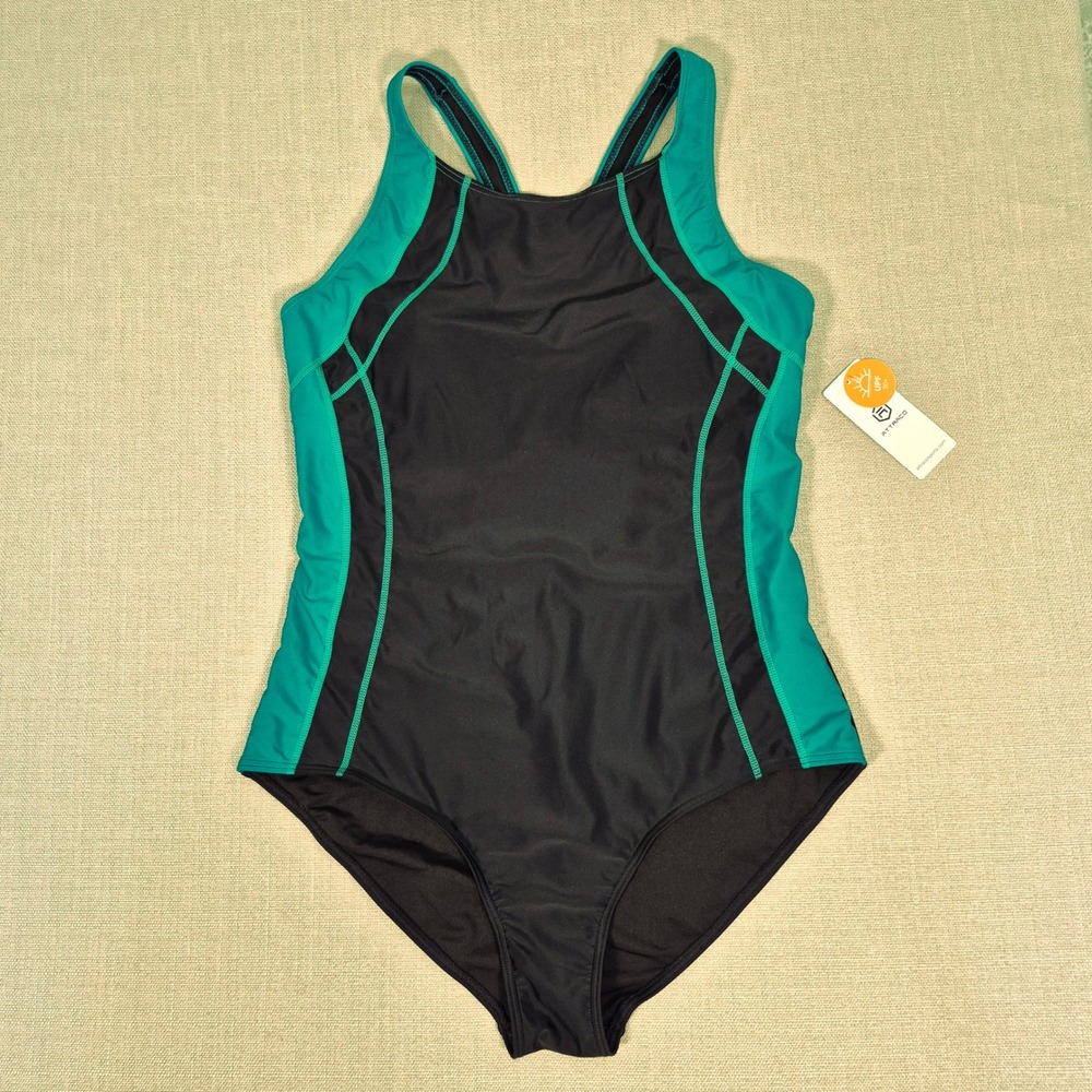 ATTRaco Womens One Piece Swimsuit Black Green Athletic Racerback UPF 50+ XL